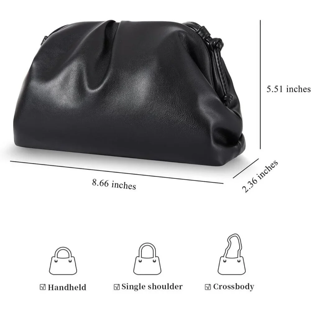 Women's Black PU leather Elegant Dressy Pleated Cloud Super Soft Clutch